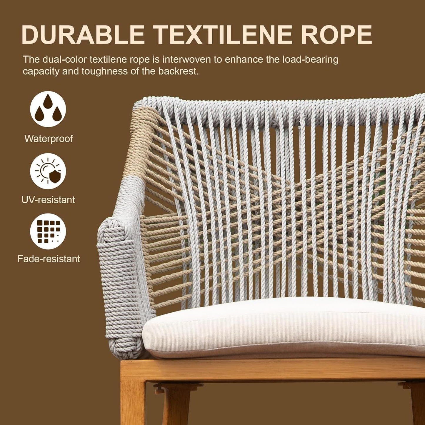 Outdoor Bar Stools set of 2 with Arm and Backrest, rope-woven frame, cream cushions on Tampa Home & Garden Store