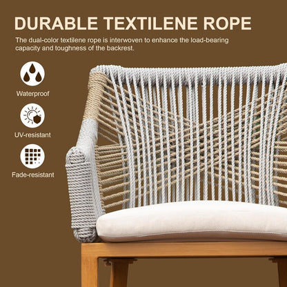 Outdoor Bar Stools set of 2 with Arm and Backrest, rope-woven frame, cream cushions on Tampa Home & Garden Store