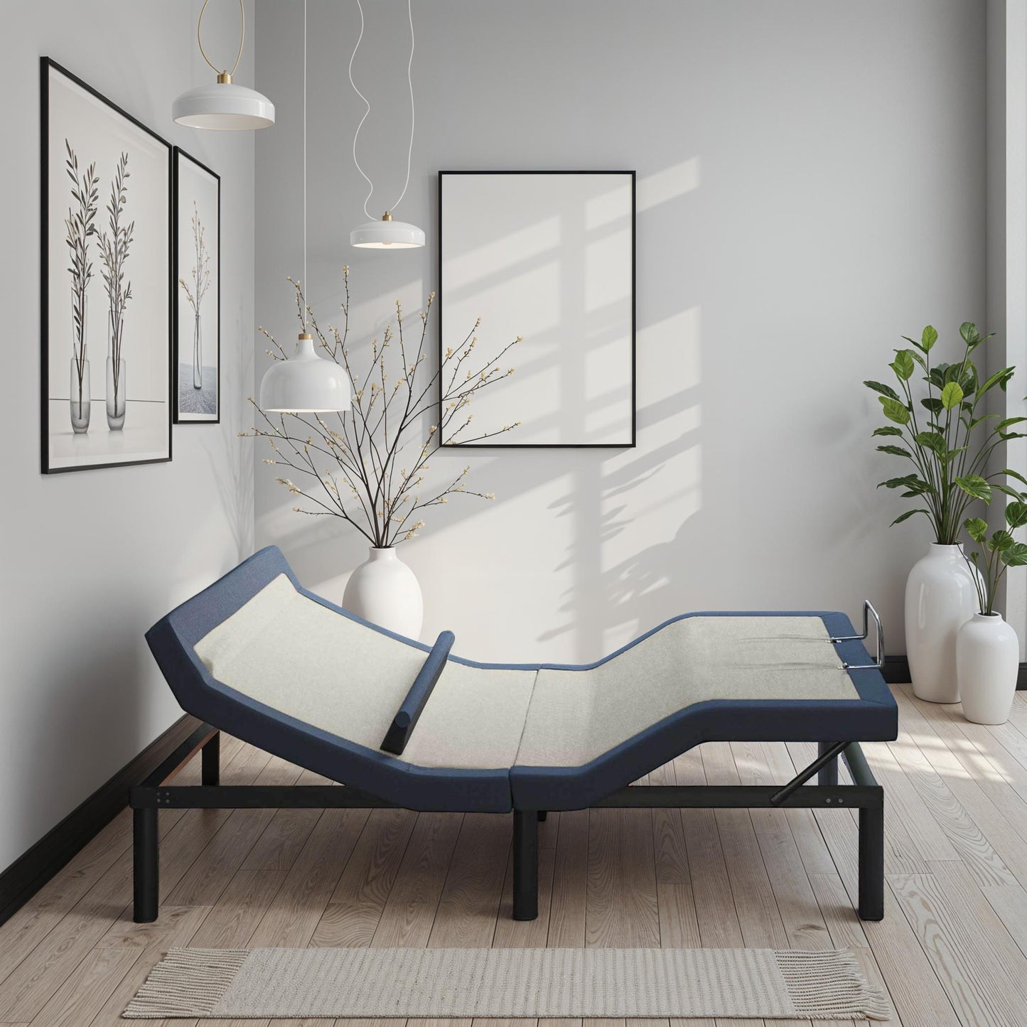 Queen adjustable bed base by HouseOfZazla with head and foot tilt, gray top, black frame on Tampa Home & Garden Store