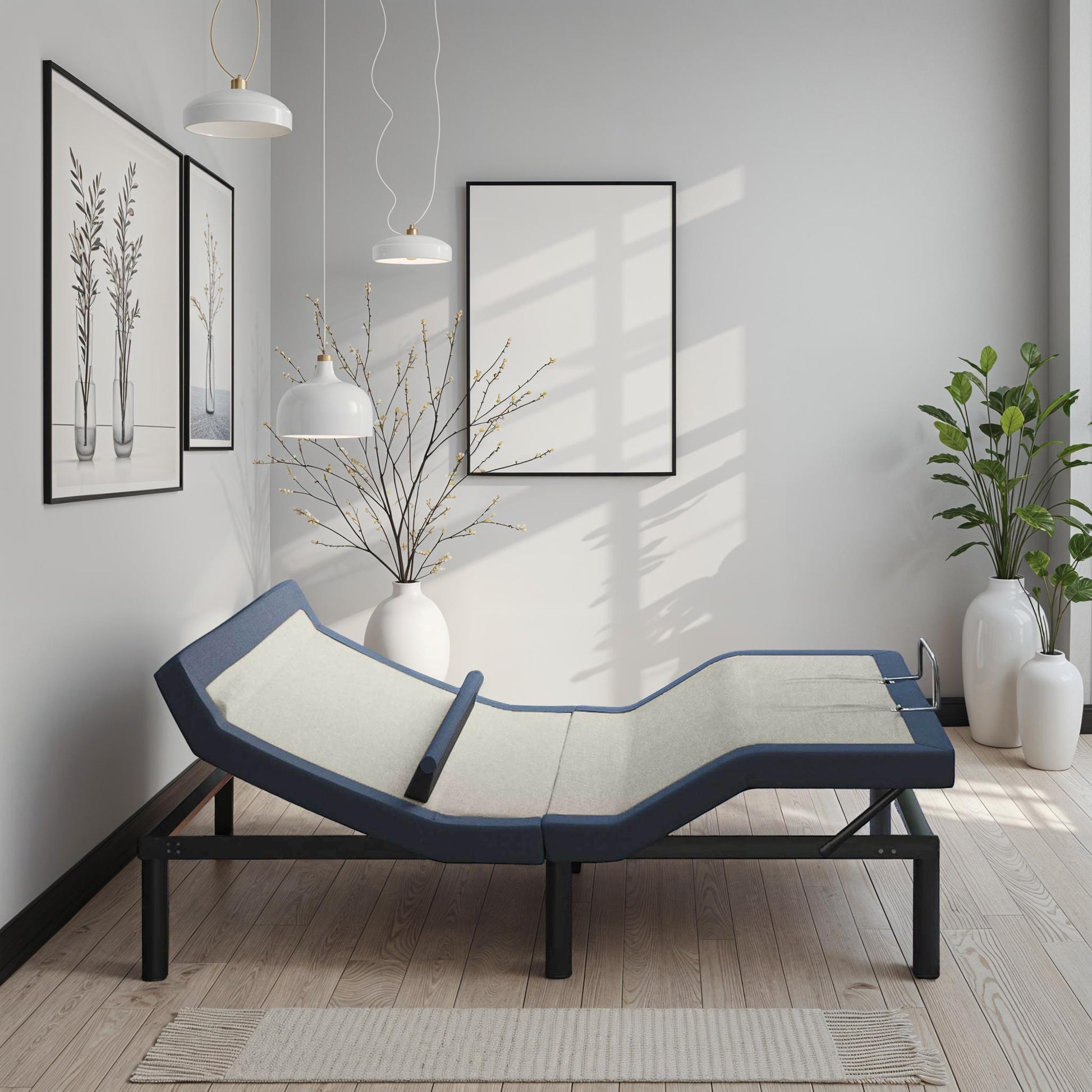 Queen adjustable bed base by HouseOfZazla with head and foot tilt, gray top, black frame on Tampa Home & Garden Store