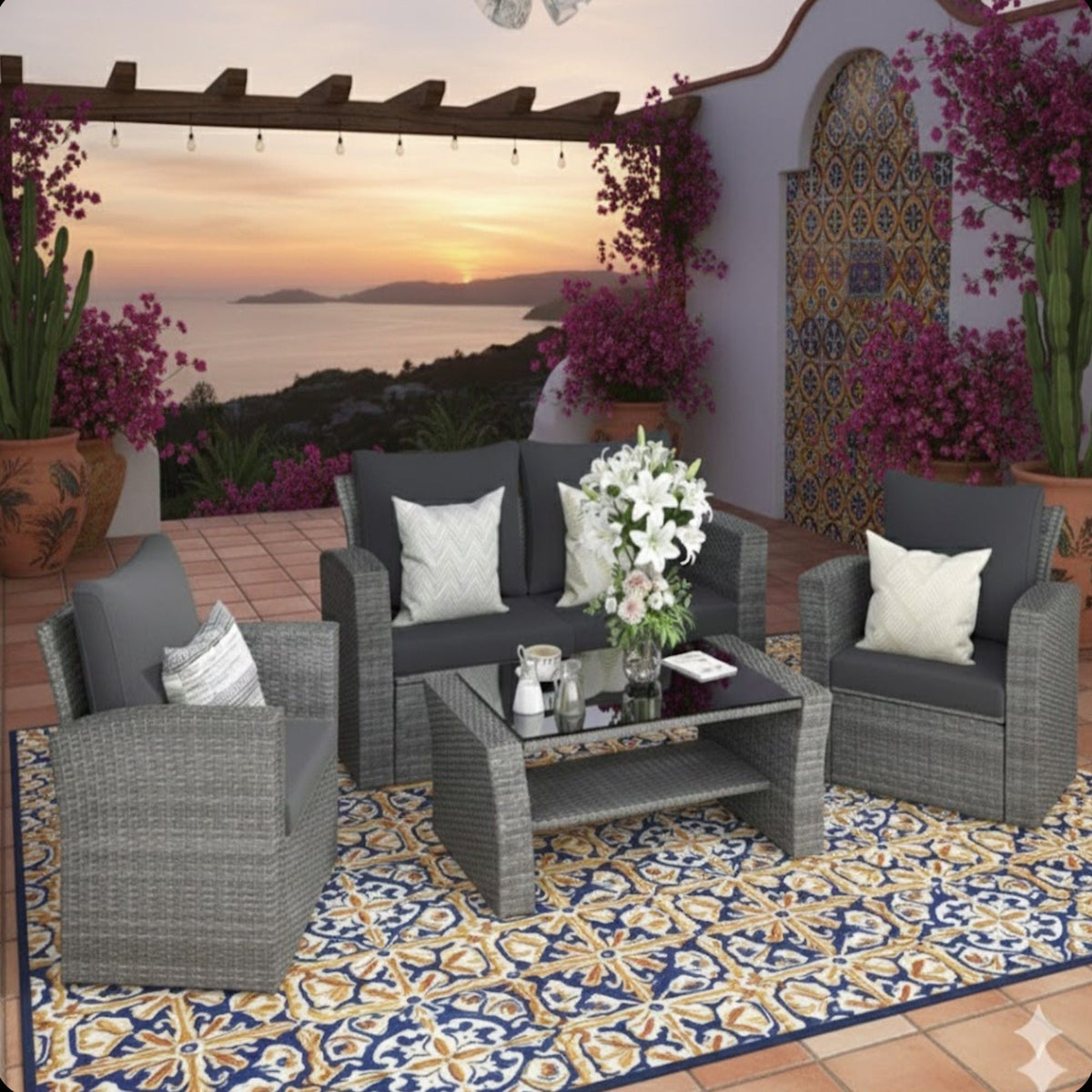 Modern Patio Set with Cushions – 4 Piece Outdoor Furniture Set by HouseOfZazla, dark gray wicker on Tampa Home & Garden Store