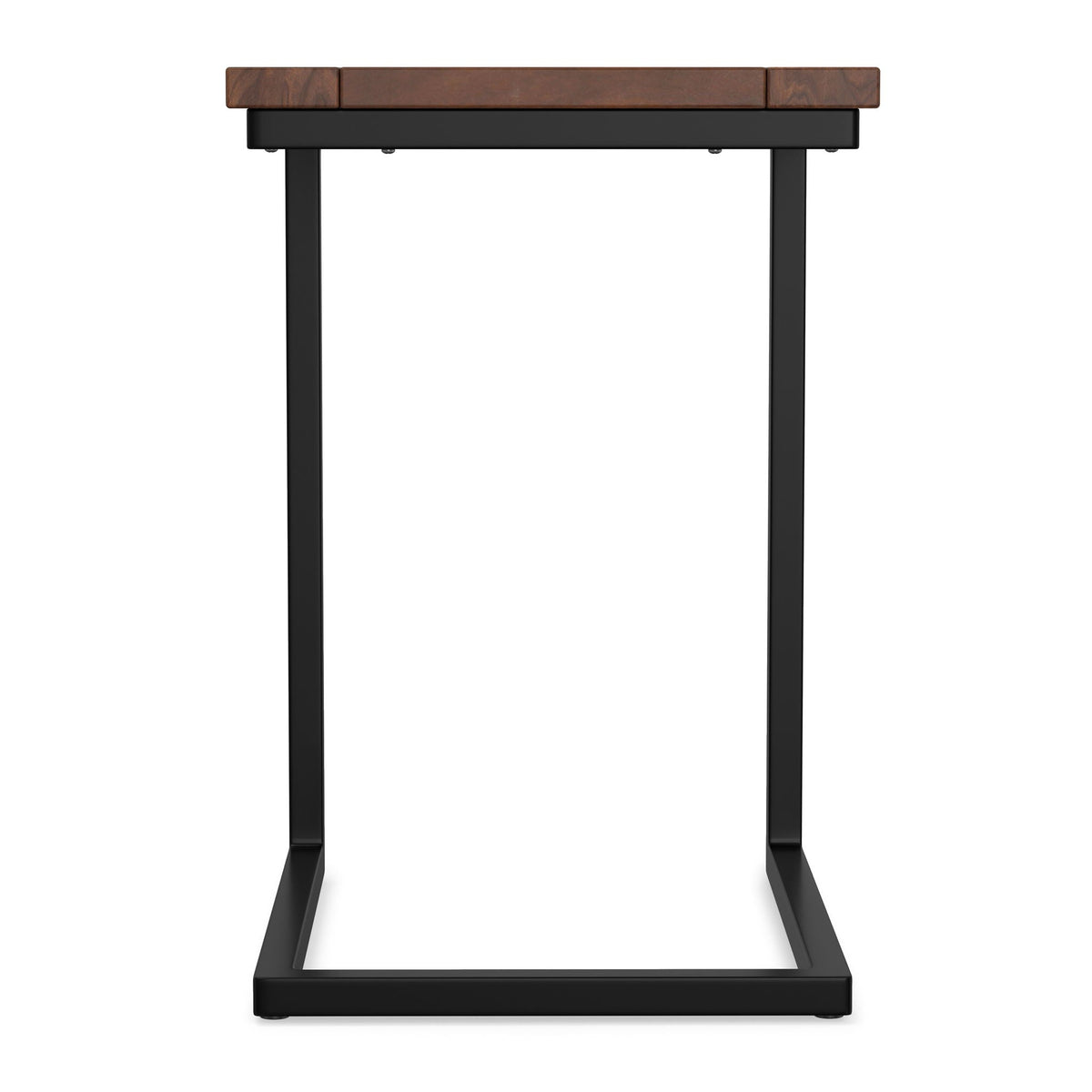 Walnut brown C-side table with three wood top sections on an industrial black metal base on Tampa Home & Garden Store