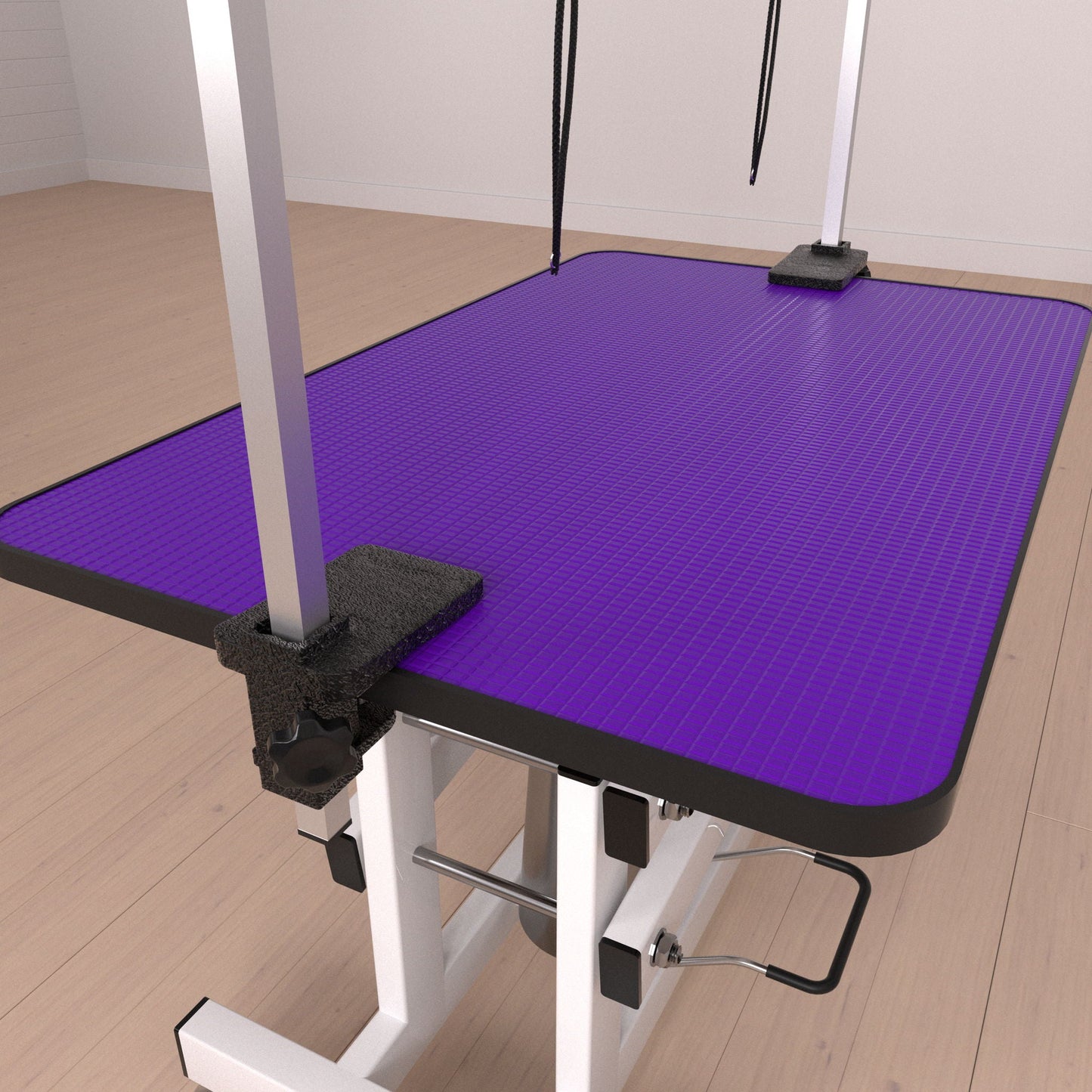 Hydraulic Pet Grooming Table with H Arm, purple non-slip mat, white metal frame on Tampa Home & Garden Store