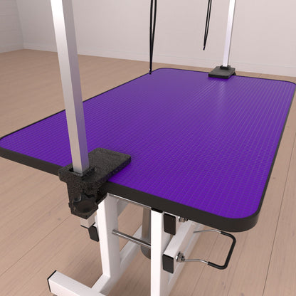 Hydraulic Pet Grooming Table with H Arm, purple non-slip mat, white metal frame on Tampa Home & Garden Store