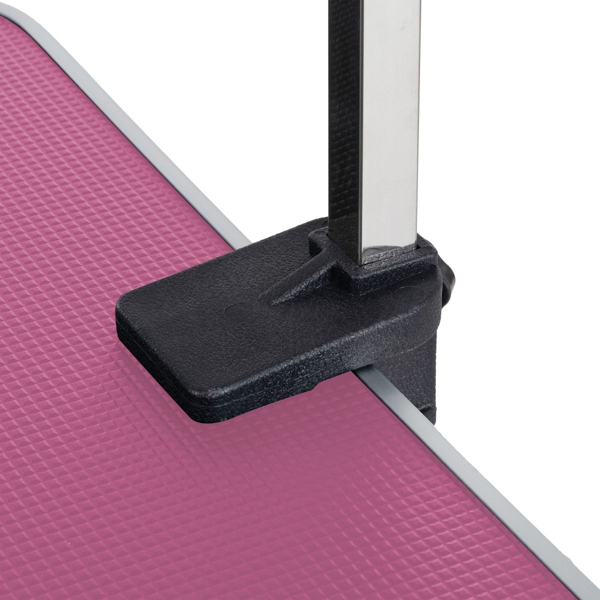 Folding dog grooming table pink textured rubber mat with stainless steel frame and black base on Tampa Home & Garden Store