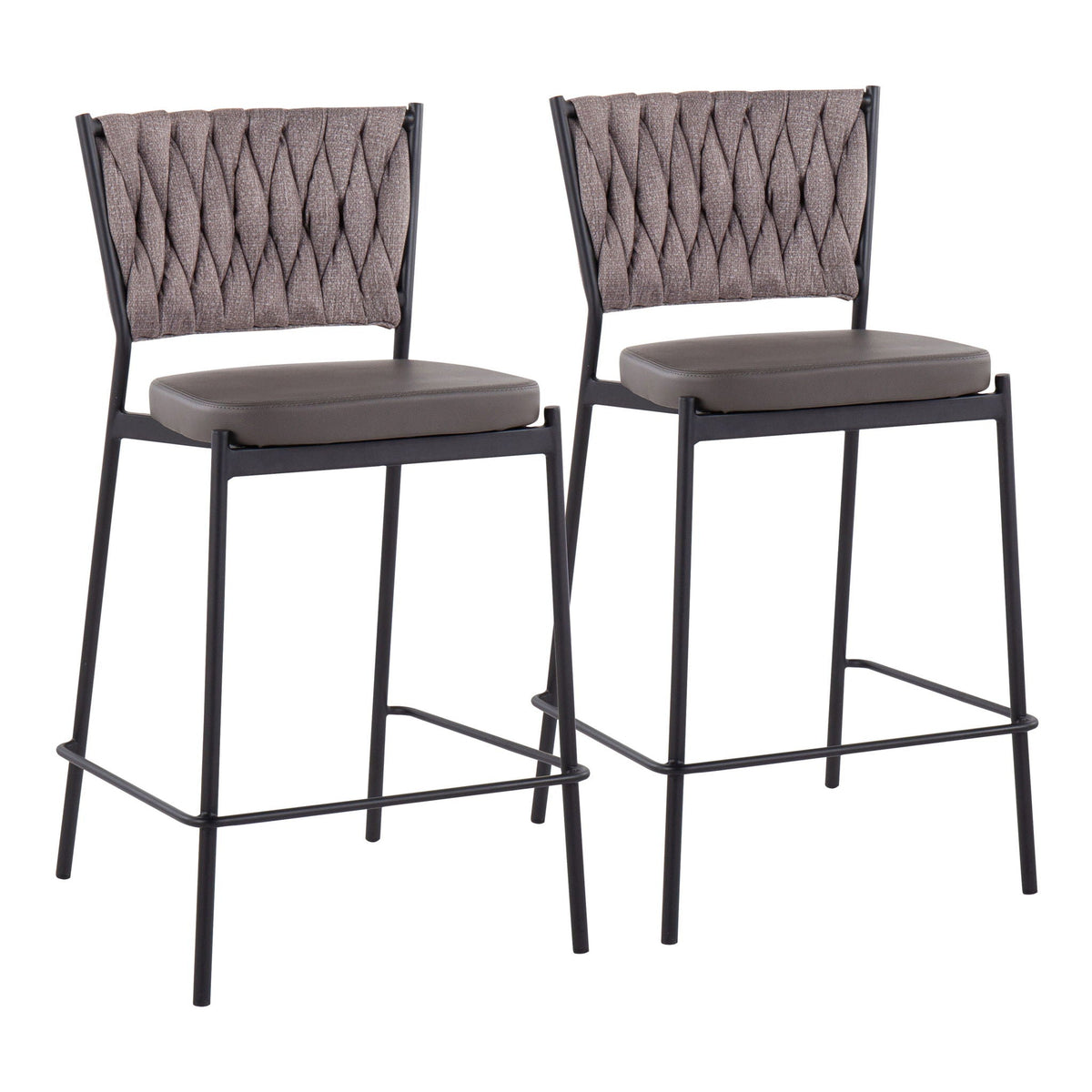 Braided counter stool set of 2 with padded gray-brown seats, black metal frames HouseOfZazla on Tampa Home & Garden Store