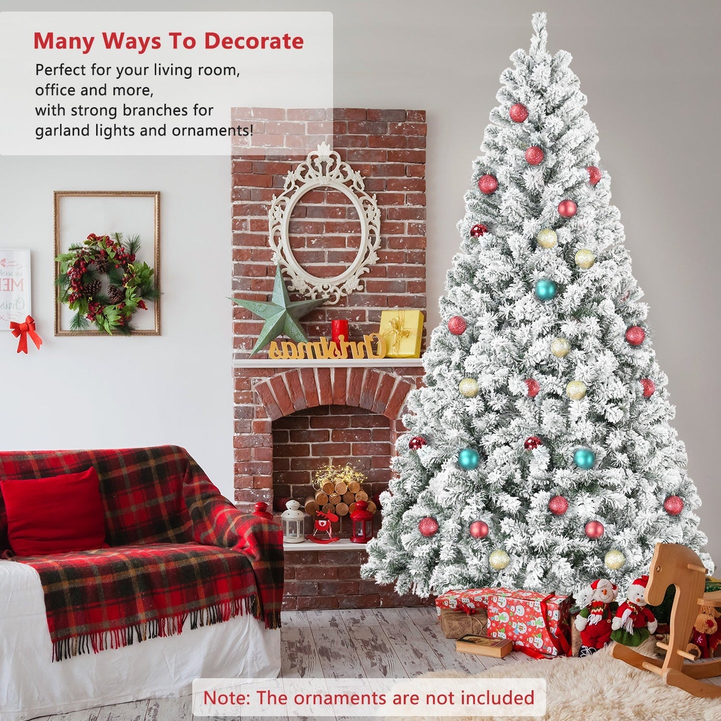 4ft flocked Christmas tree with 233 tips decorated with red, gold and turquoise ornaments on Tampa Home & Garden Store