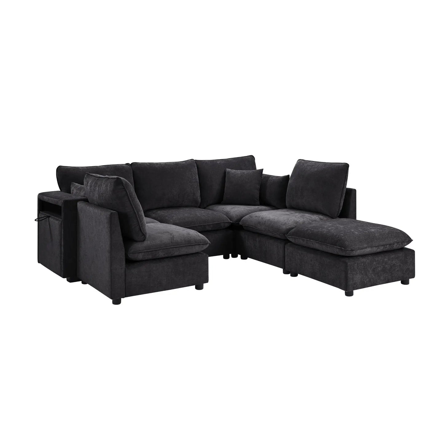 U-shaped sectional sofa in dark charcoal fabric with movable ottoman and USB ports on Tampa Home & Garden Store