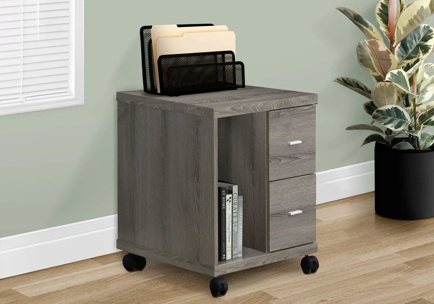 Mobile rolling filing cabinet with wood-grain finish black mesh file organizer and folders on Tampa Home & Garden Store