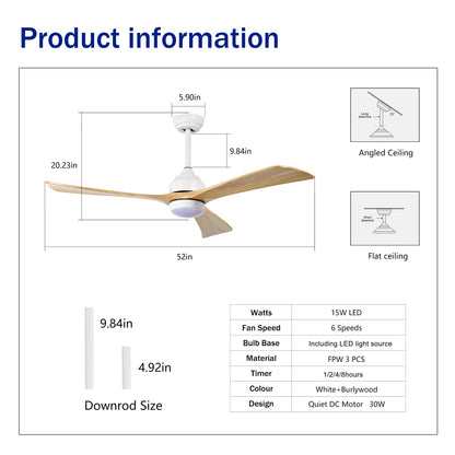 Ceiling fan 52in with solid wood blades, white motor housing, LED light, remote, HouseOfZazla on Tampa Home & Garden Store