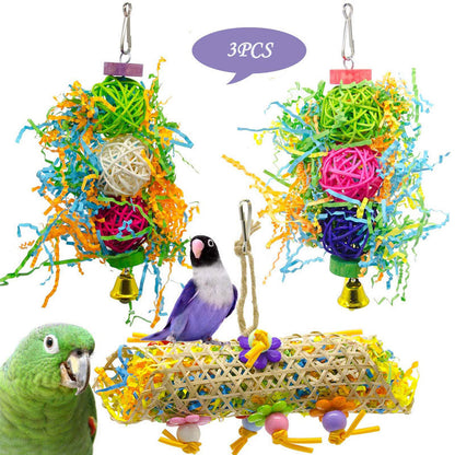 3PCS bird toy set for parrots with brushed rattan balls and colorful grass accents on Tampa Home & Garden Store