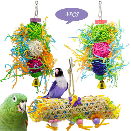 3PCS bird toy set for parrots with brushed rattan balls and colorful grass accents on Tampa Home & Garden Store