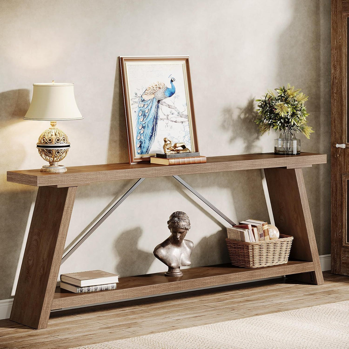 Extra long console table with 2-tier shelves in dark brown wood and metal, lamp and plant on Tampa Home & Garden Store