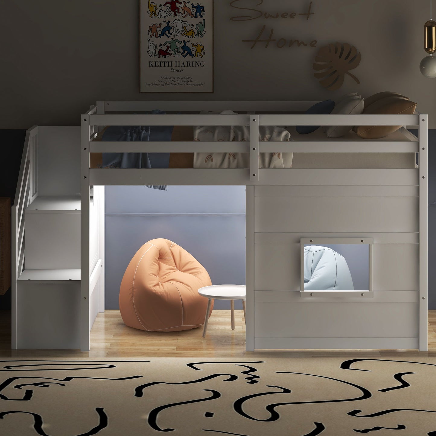 Loft bed with staircase by HouseOfZazla, gray metal frame with LED light, orange bean bag on Tampa Home & Garden Store