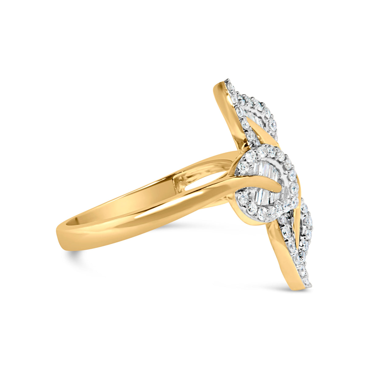 Ring two-tone gold plated over silver with baguette and round diamonds bypass leaf design on Tampa Home & Garden Store