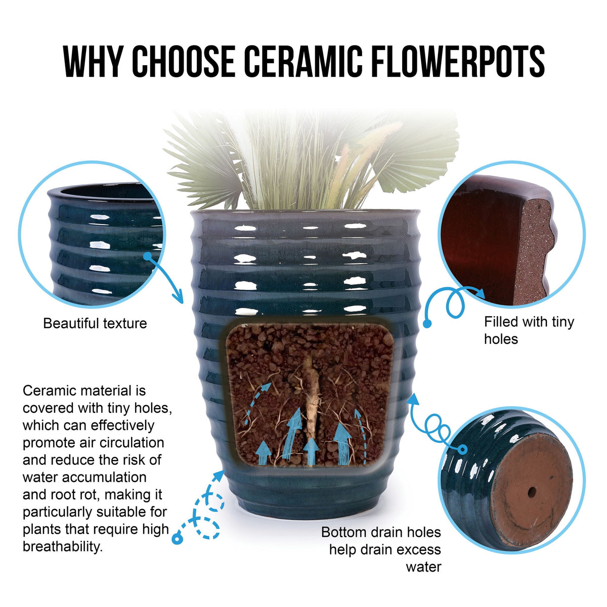 Ceramic planter flowerpot in glossy dark blue with ribbed texture by HouseOfZazla on Tampa Home & Garden Store