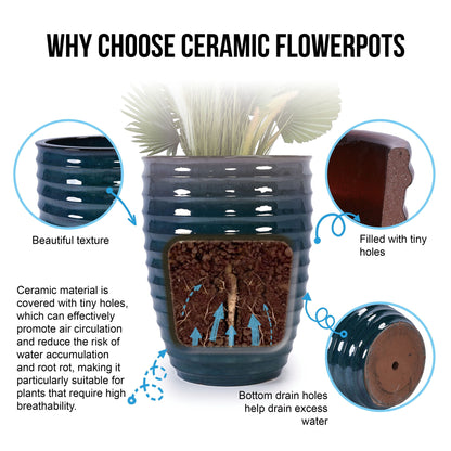 Ceramic planter flowerpot in glossy dark blue with ribbed texture by HouseOfZazla on Tampa Home & Garden Store
