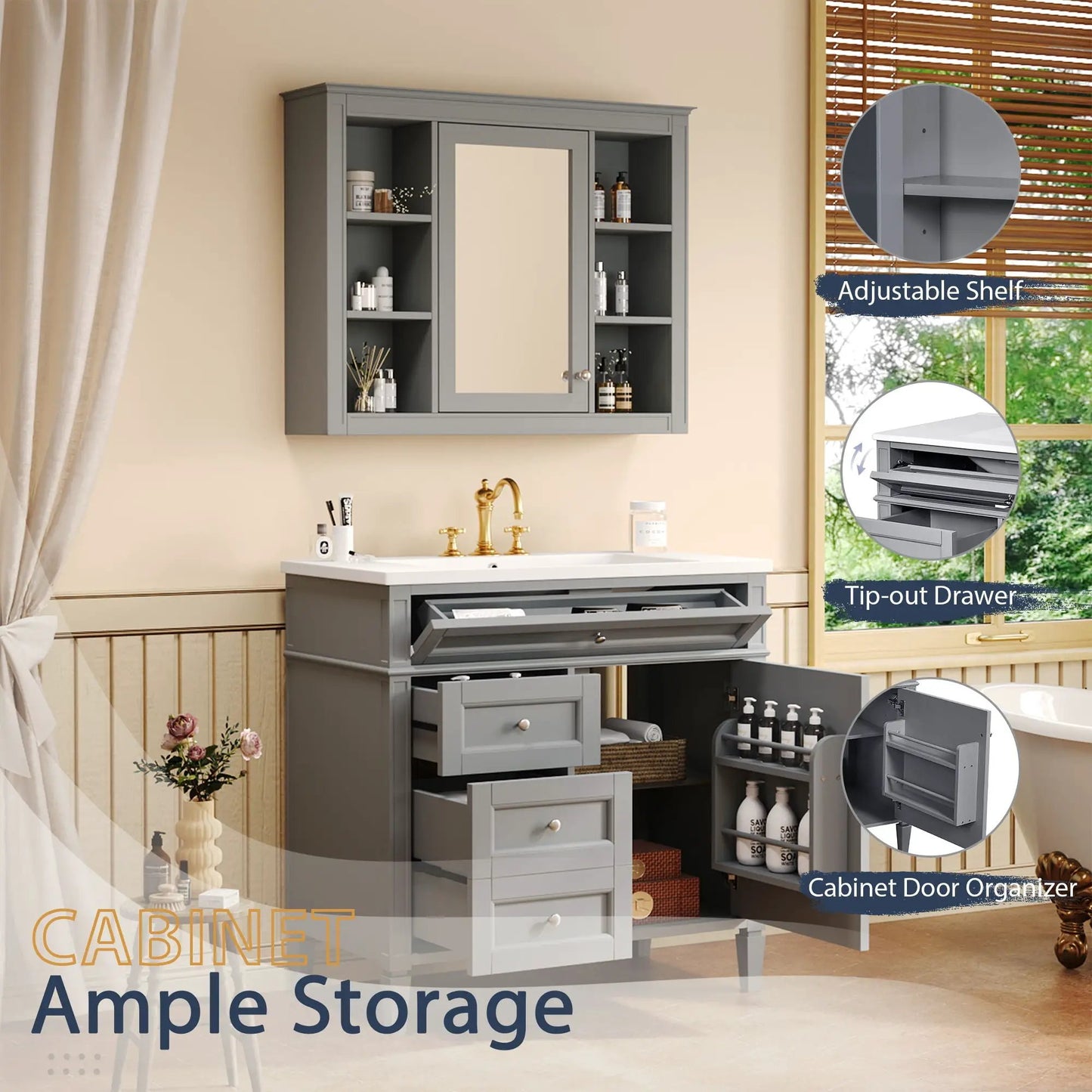 Bathroom Vanity With Mirror Cabinet gray finish, single sink, 2 soft-closing doors, 4 drawers on Tampa Home & Garden Store