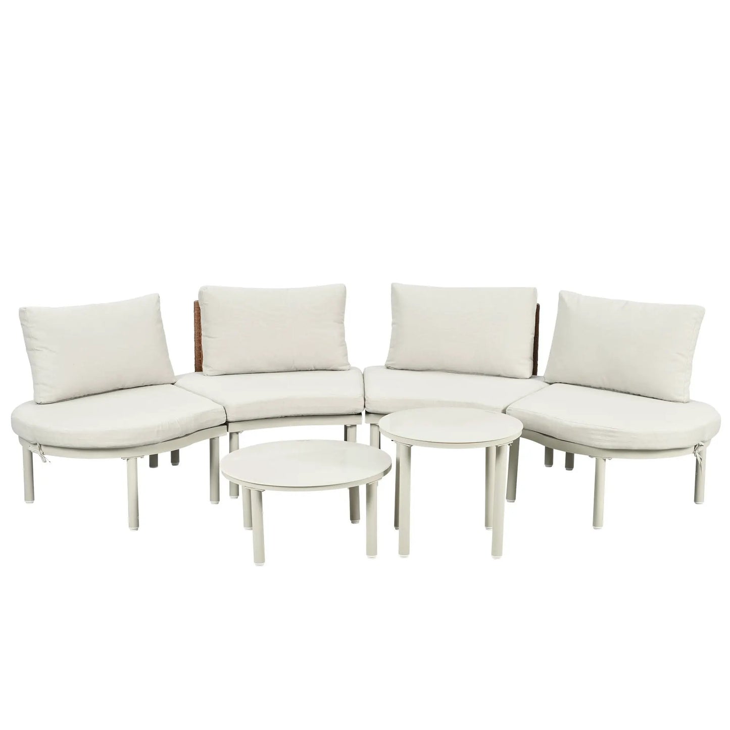 6 piece patio set half moon outdoor sectional with 2 high low coffee tables and 4 white pillows on Tampa Home & Garden Store