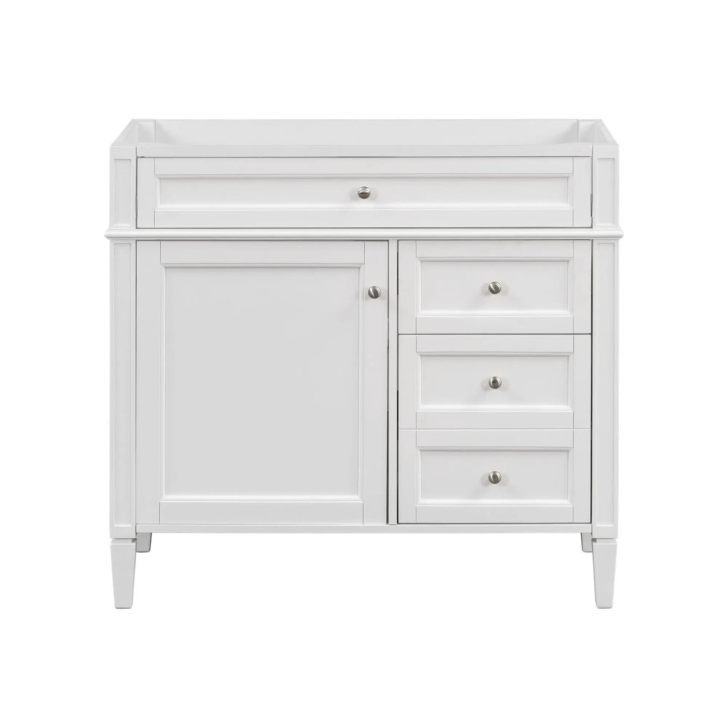 Bathroom vanity base white with tip-out drawer and right-side stacked drawers, paneled doors on Tampa Home & Garden Store