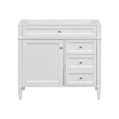 Bathroom vanity base white with tip-out drawer and right-side stacked drawers, paneled doors on Tampa Home & Garden Store