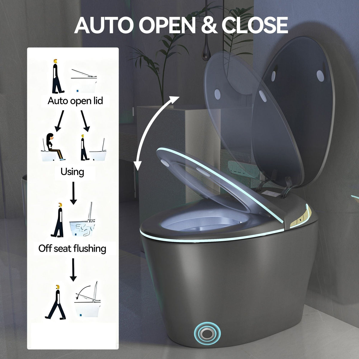 Smart toilet with ceramic bidet in matte black by HouseOfZazla, auto open lid feature on Tampa Home & Garden Store
