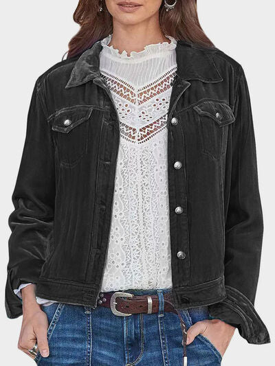 Casual button-up Stevvex trucker jacket in black denim, long sleeve with chest pockets on Tampa Home & Garden Store