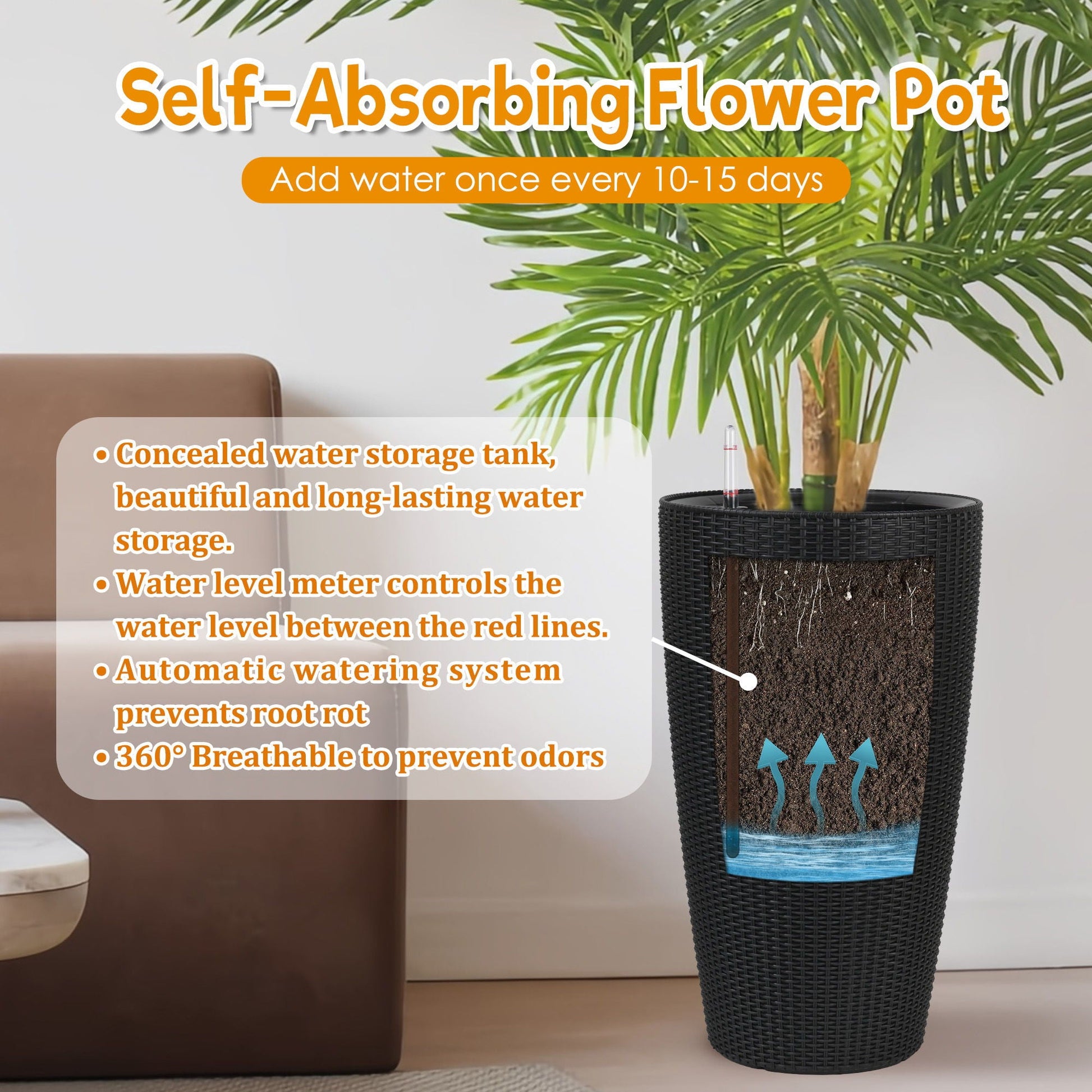 Tall black woven planter set with water level monitor and auto watering by HouseOfZazla on Tampa Home & Garden Store