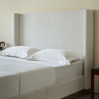 Hosford upholstered wingback bed in beige fabric with tall headboard on Tampa Home & Garden Store