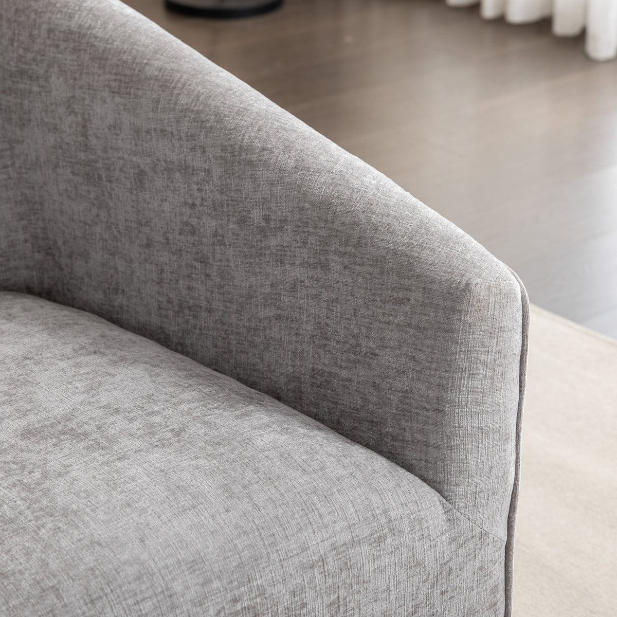 Nice Modern Upholstered Barrel Armchair, 360° Swivel, gray fabric upholstery on Tampa Home & Garden Store