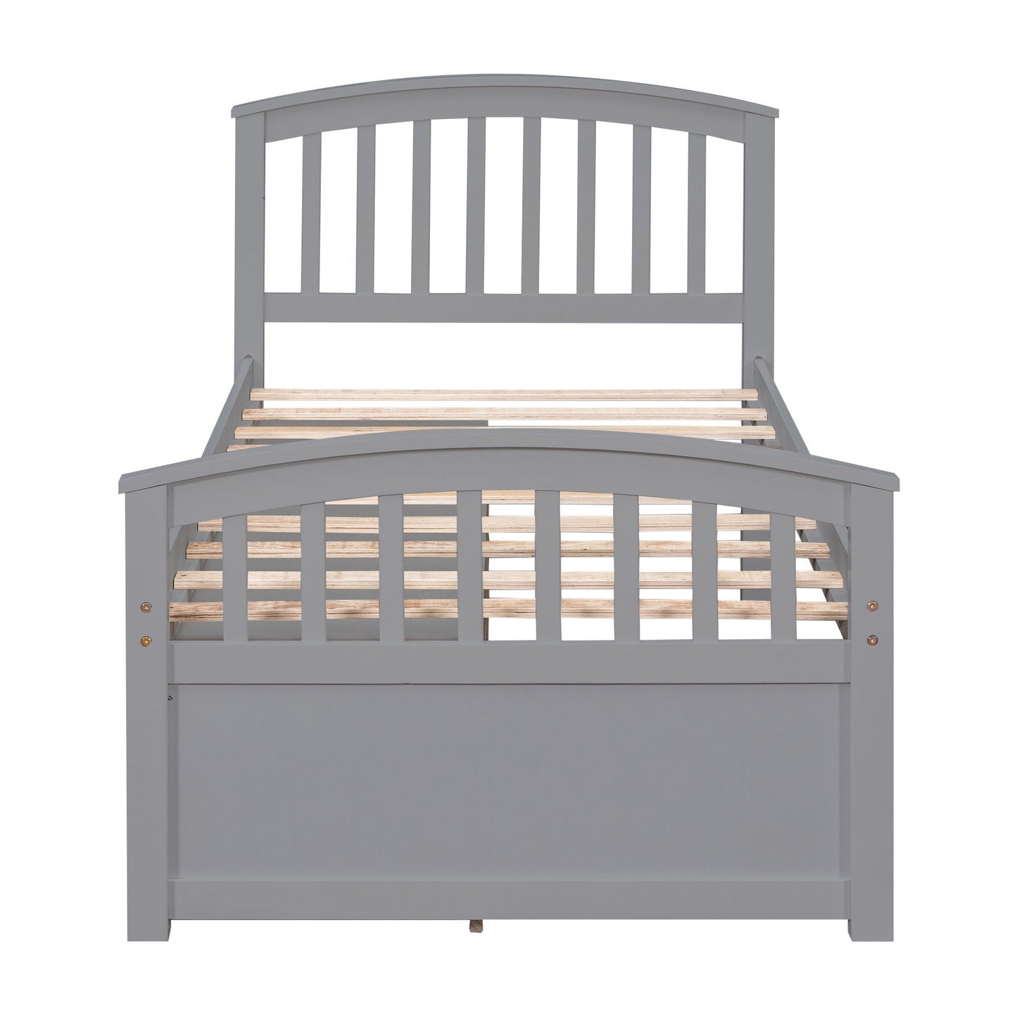 Platform storage bed in grey solid wood with curved slat headboard and natural wood slats HouseOfZazla on Tampa Home & Garden Store