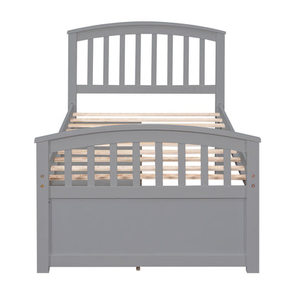 Platform storage bed in grey solid wood with curved slat headboard and natural wood slats HouseOfZazla on Tampa Home & Garden Store