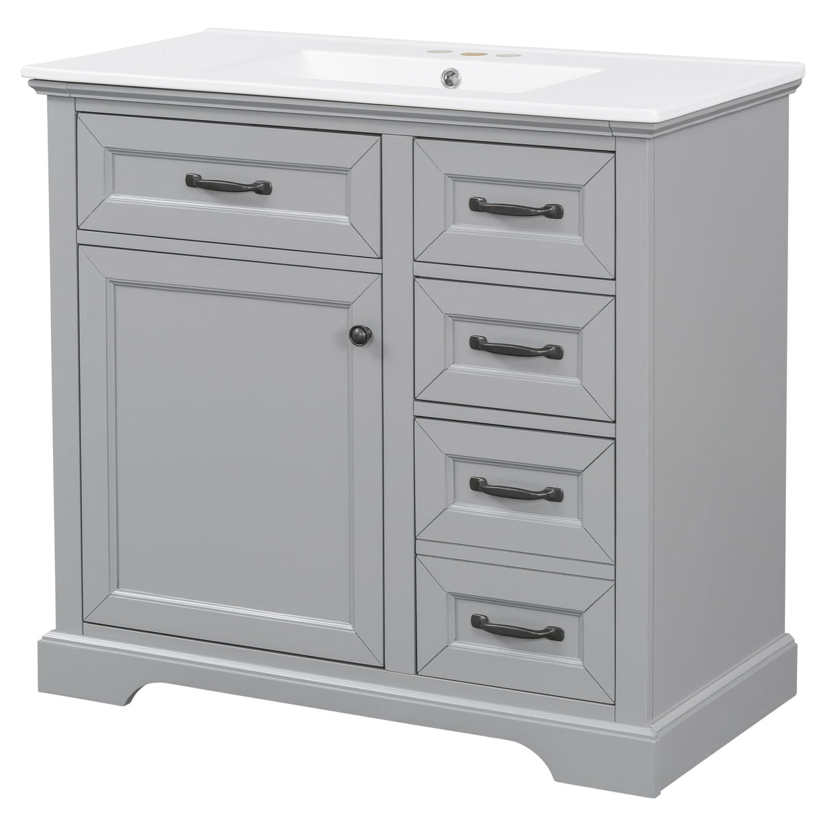 36in bathroom vanity with sink by HouseOfZazla, gray cabinet, white countertop, black hardware on Tampa Home & Garden Store