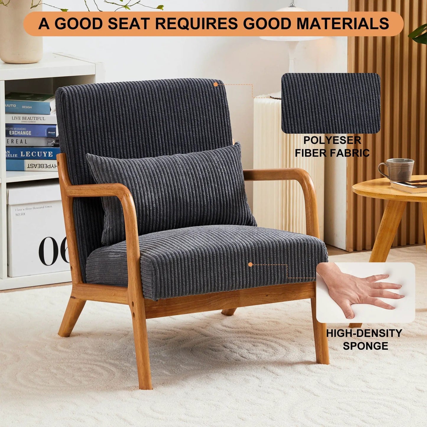 Accent Arm Chair With Pillow upholstered in dark navy ribbed fabric, wooden arms on Tampa Home & Garden Store