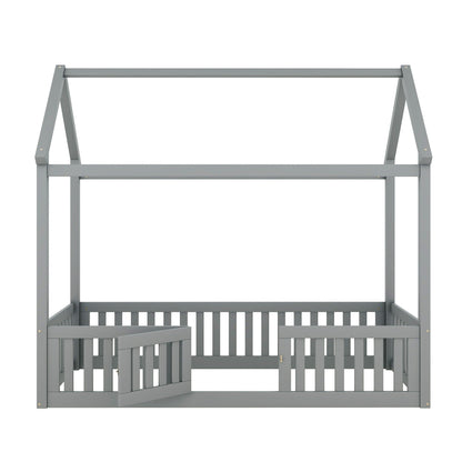 Wood House Bed With Fence And Door platform bed in gray by HouseOfZazla on Tampa Home & Garden Store