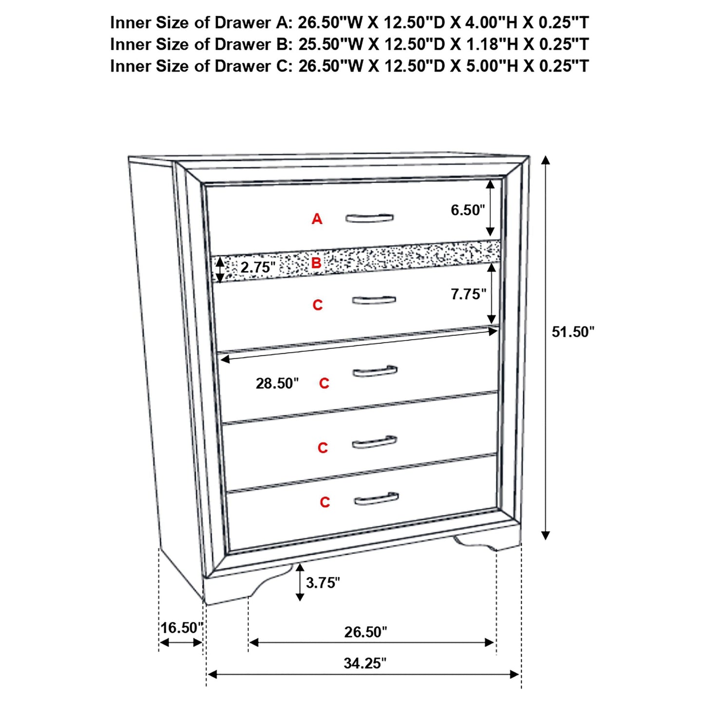 Corbin Glittering Bedroom Set 4-Piece by HouseOfZazla dresser with A B C drawer labels on Tampa Home & Garden Store