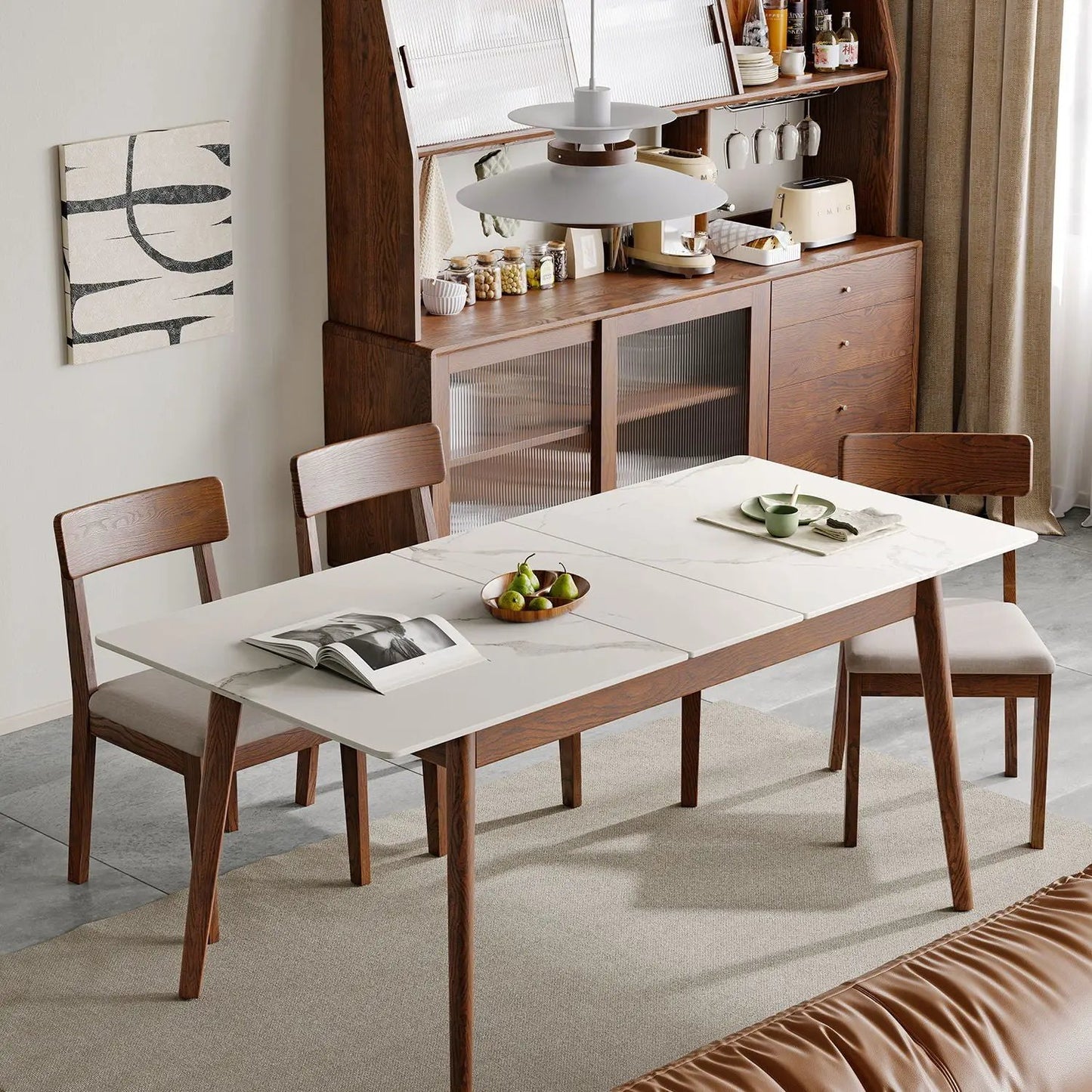 Round Corner Diagonal Leg Telescopic Dining Table with white marble-look top and warm wood legs on Tampa Home & Garden Store