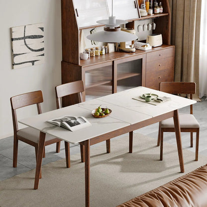 Round Corner Diagonal Leg Telescopic Dining Table with white marble-look top and warm wood legs on Tampa Home & Garden Store