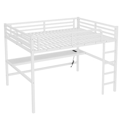 White metal queen-size loft bed by HouseOfZazla with guard rails, power outlet and LED-lit on Tampa Home & Garden Store