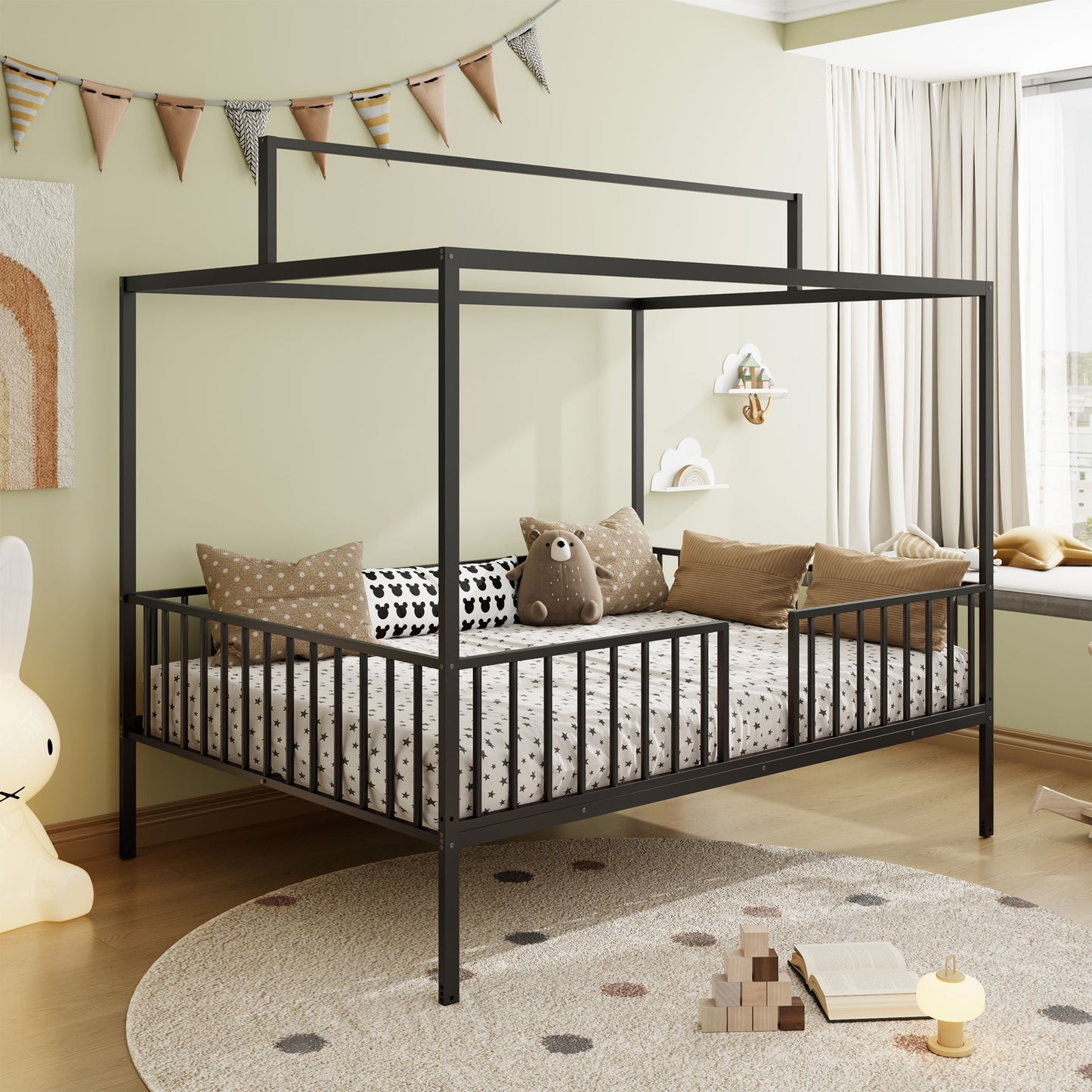 3 In 1 Convertible Montessori Floor Bed With Fenced Support black metal canopy frame on Tampa Home & Garden Store