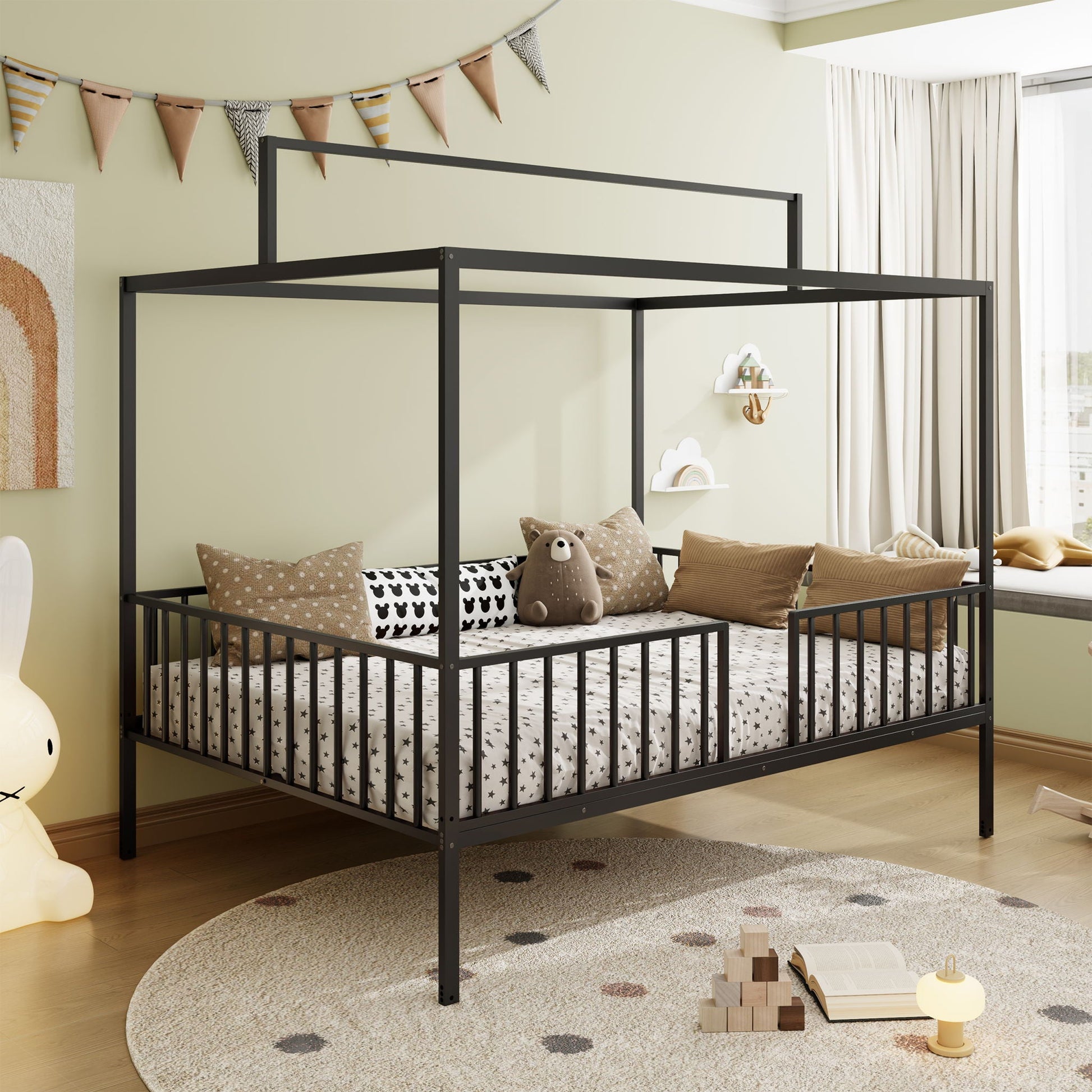 3 In 1 Convertible Montessori Floor Bed With Fenced Support black metal canopy frame on Tampa Home & Garden Store