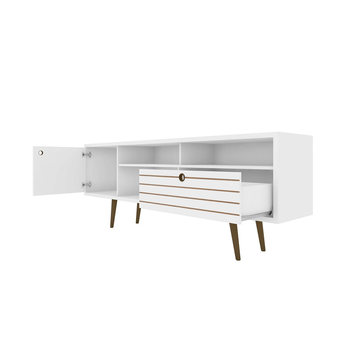 TV stand by HouseOfZazla with wire management, white finish, grooved drawer, open shelf on Tampa Home & Garden Store
