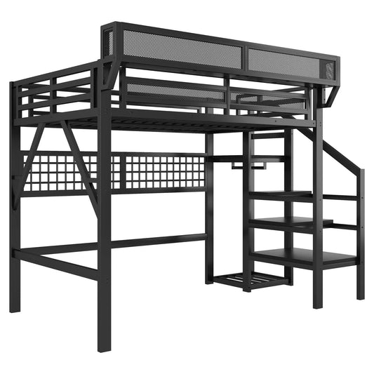 Loft Bed With Stairs And Storage, black metal frame, mesh panels, Unique Piece Furniture on Tampa Home & Garden Store