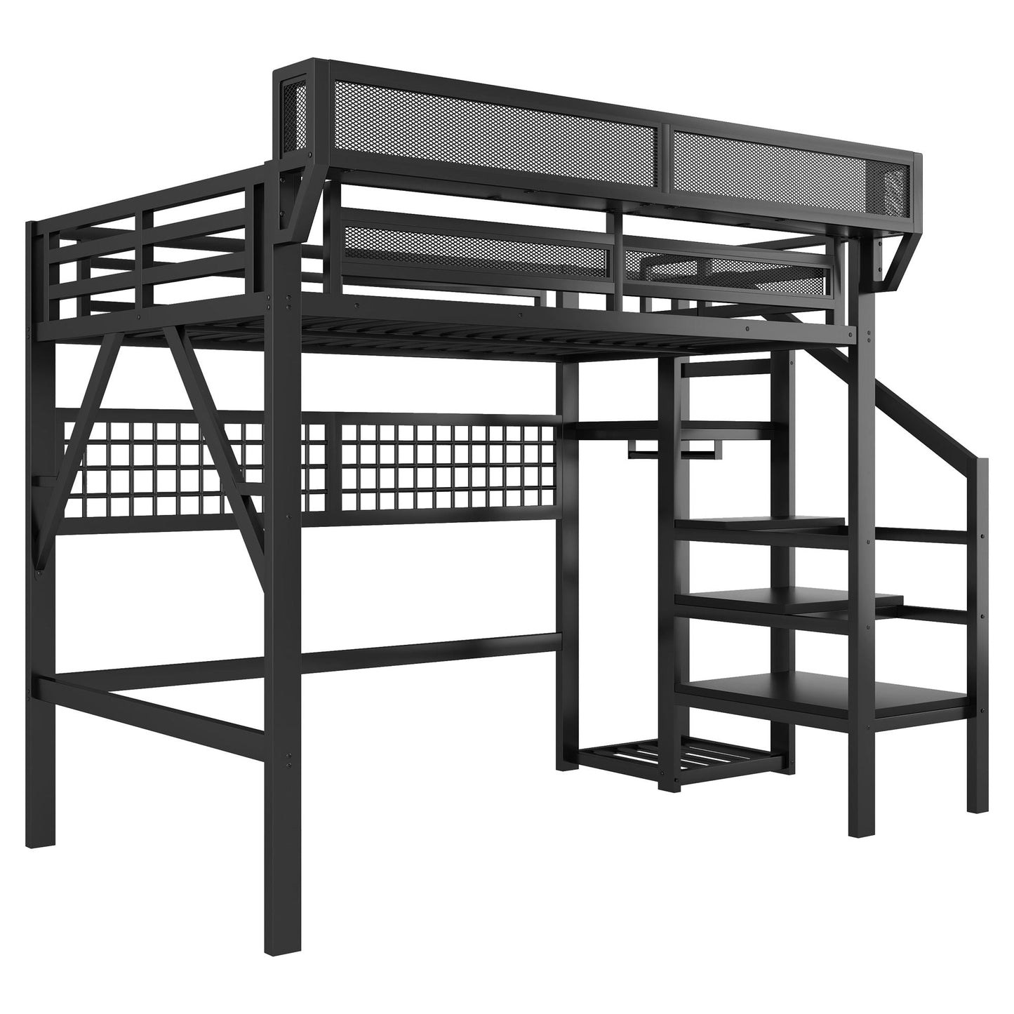 Loft bed with stairs and storage by HouseOfZazla in black metal with mesh guard rails on Tampa Home & Garden Store