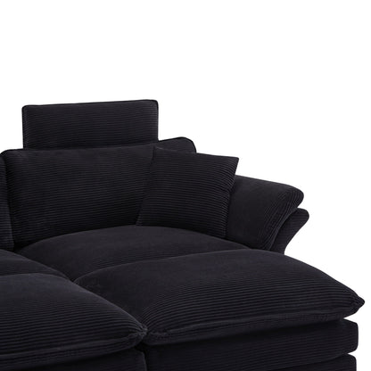 Modern Deep Seat Sectional Sofa With Ottoman 3pc set in black corduroy fabric HouseOfZazla on Tampa Home & Garden Store
