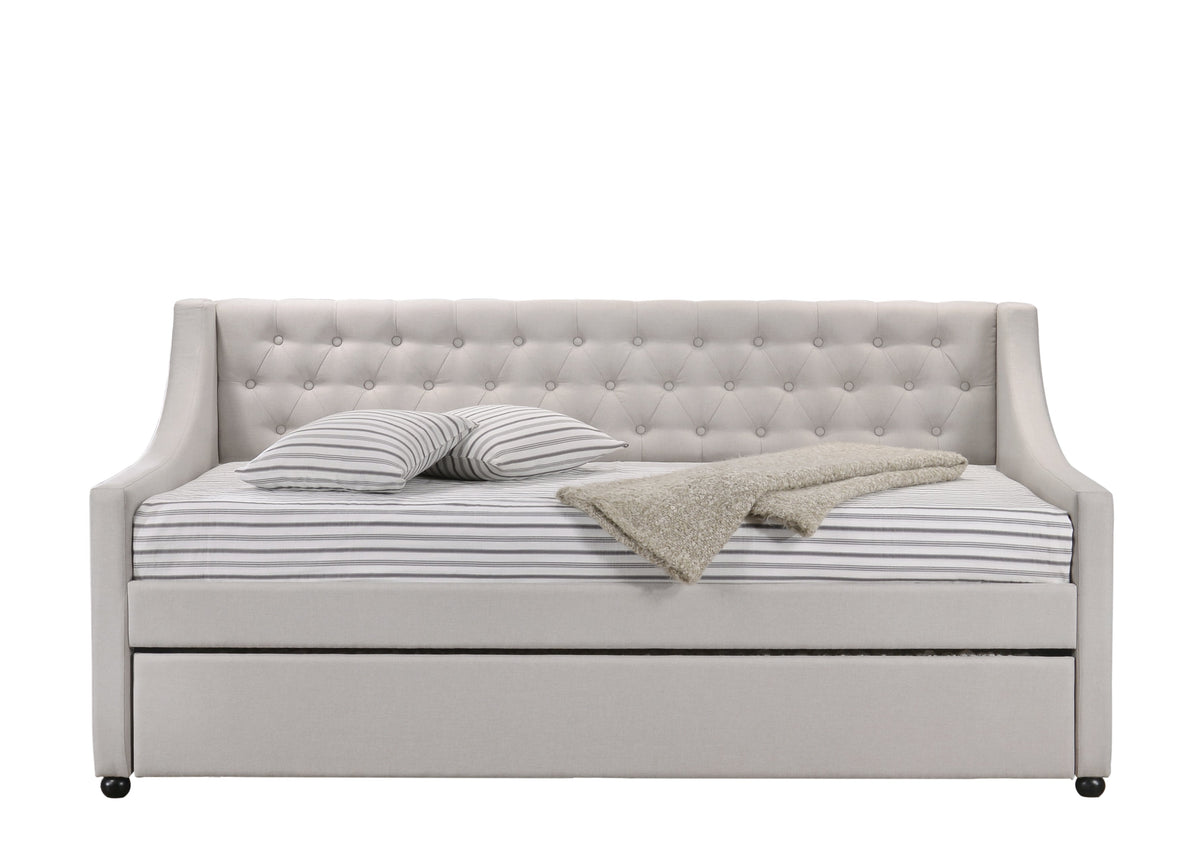Lianna Fog twin daybed with Trundle, light gray tufted headboard, striped bedding, HouseOfZazla on Tampa Home & Garden Store