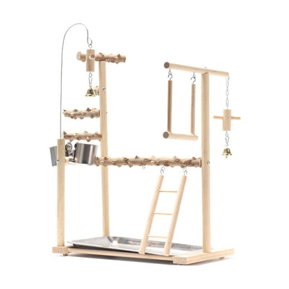 Bird playground interactive platform stand - solid wood frame with ladders, bells and bowls on Tampa Home & Garden Store