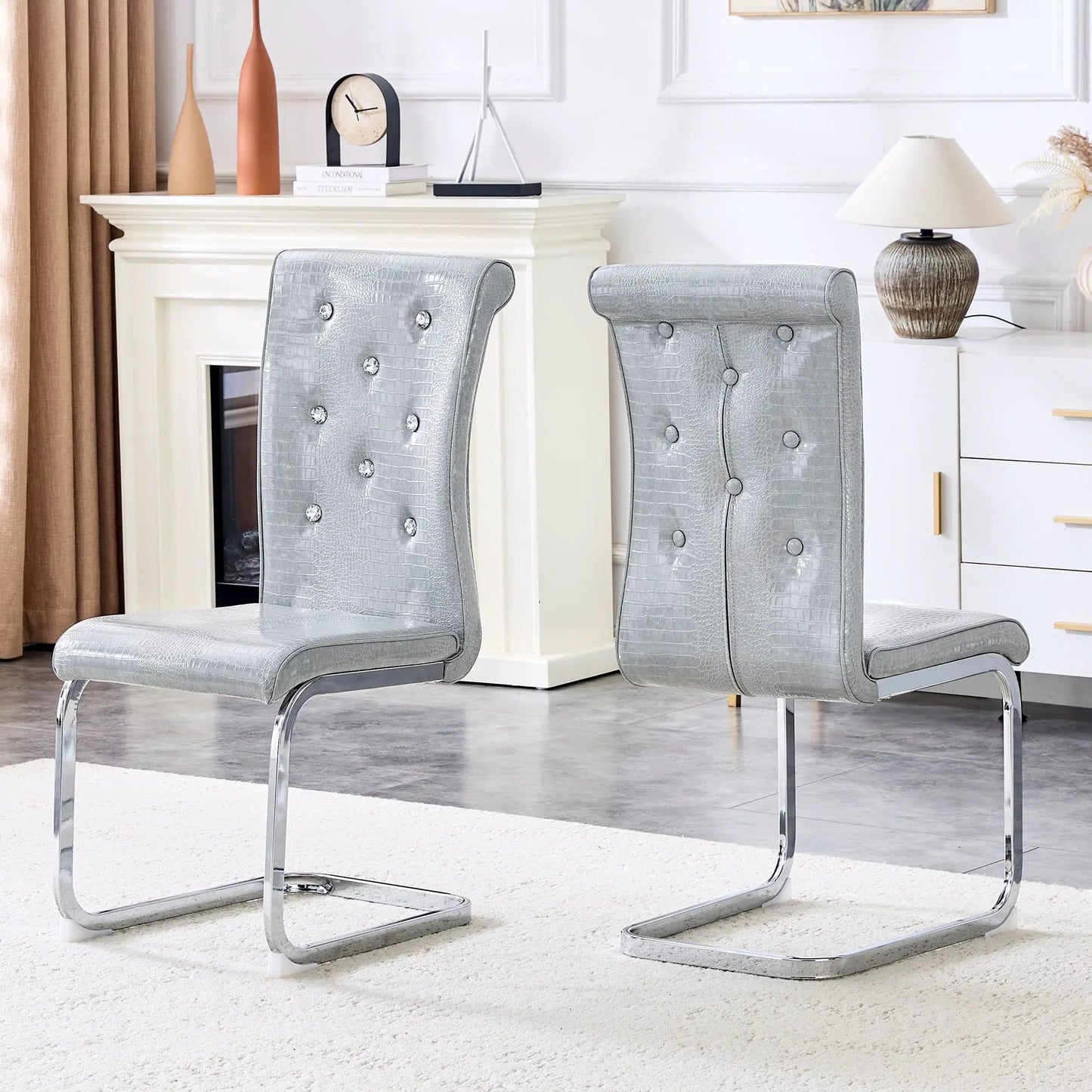 Elegant Upholstered Dining Chairs in silver crocodile-embossed fabric by Unique Piece Furniture on Tampa Home & Garden Store