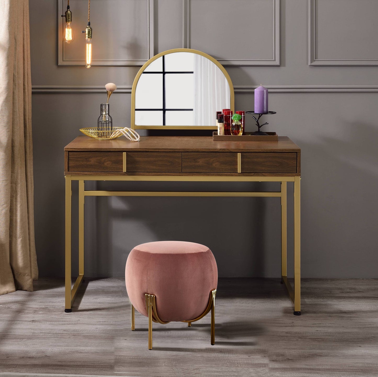 Coleen Walnut & Gold Finish Vanity Desk with Mirror & Jewelry Tray by HouseOfZazla on Tampa Home & Garden Store