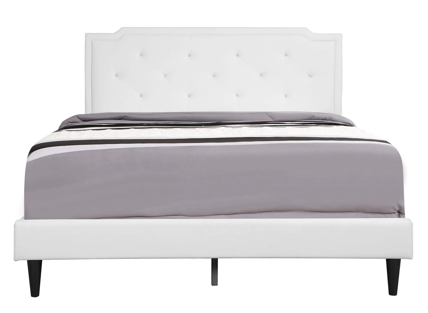 Button tufted upholstered bed in white with crystal buttons and black legs on Tampa Home & Garden Store